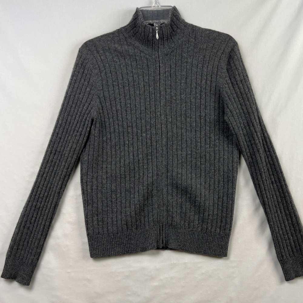Valerie Stevens Cashmere Full Zip Sweater Womens Small Gray Ribbed Mock Neck